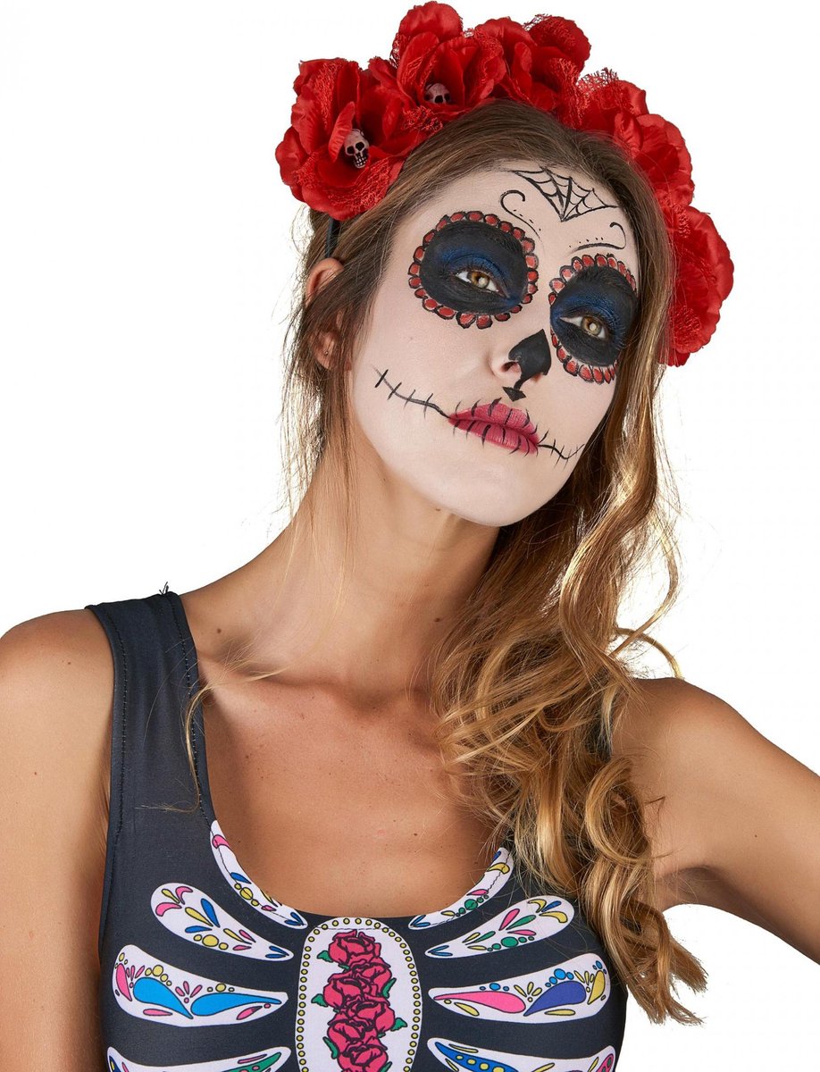 NINGBO PARTY SUPPLIES - Rode Dia de los Muertos bloemen haarband - Accessoires > Haar accessoire